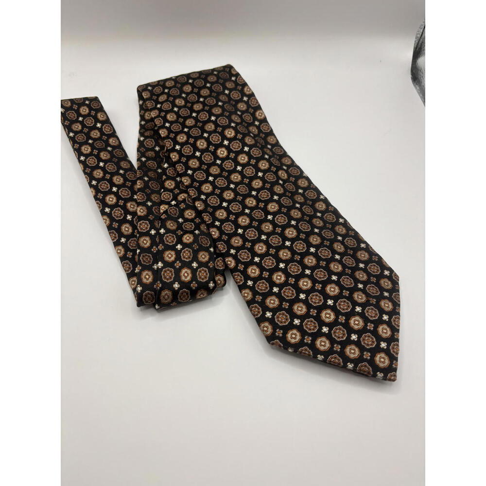 Pronto Uomo Men's Traditional Silk Tie with Floral Black Brown Beige Pattern